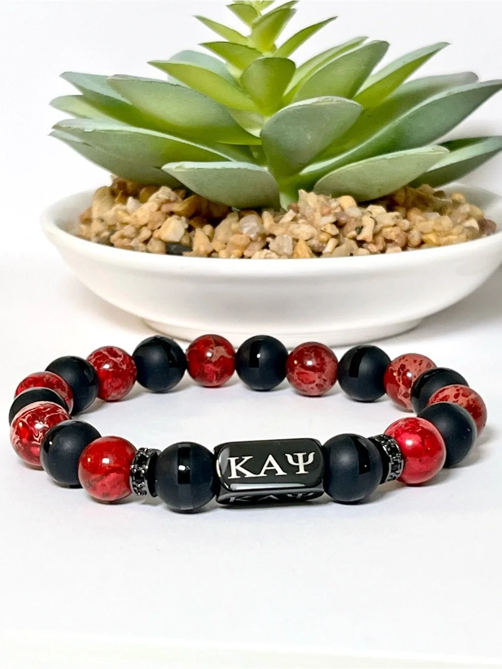 Kappa Alpha Psi Bracelet - Red Jasper & Black Onyx Beaded Stretch Bracelet